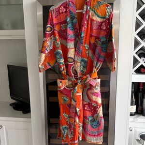 Vibrant kantha Patchwork Kimono Robe in Orange & Pink
